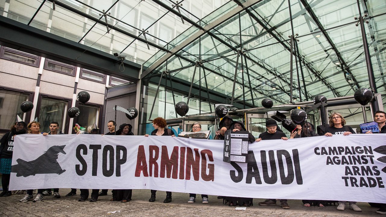 Human rights campaigners protest arms sales to Saudi Arabia outside the Defence and Security Organisation (DSO), the Government department responsible for arms export promotions in the UK.