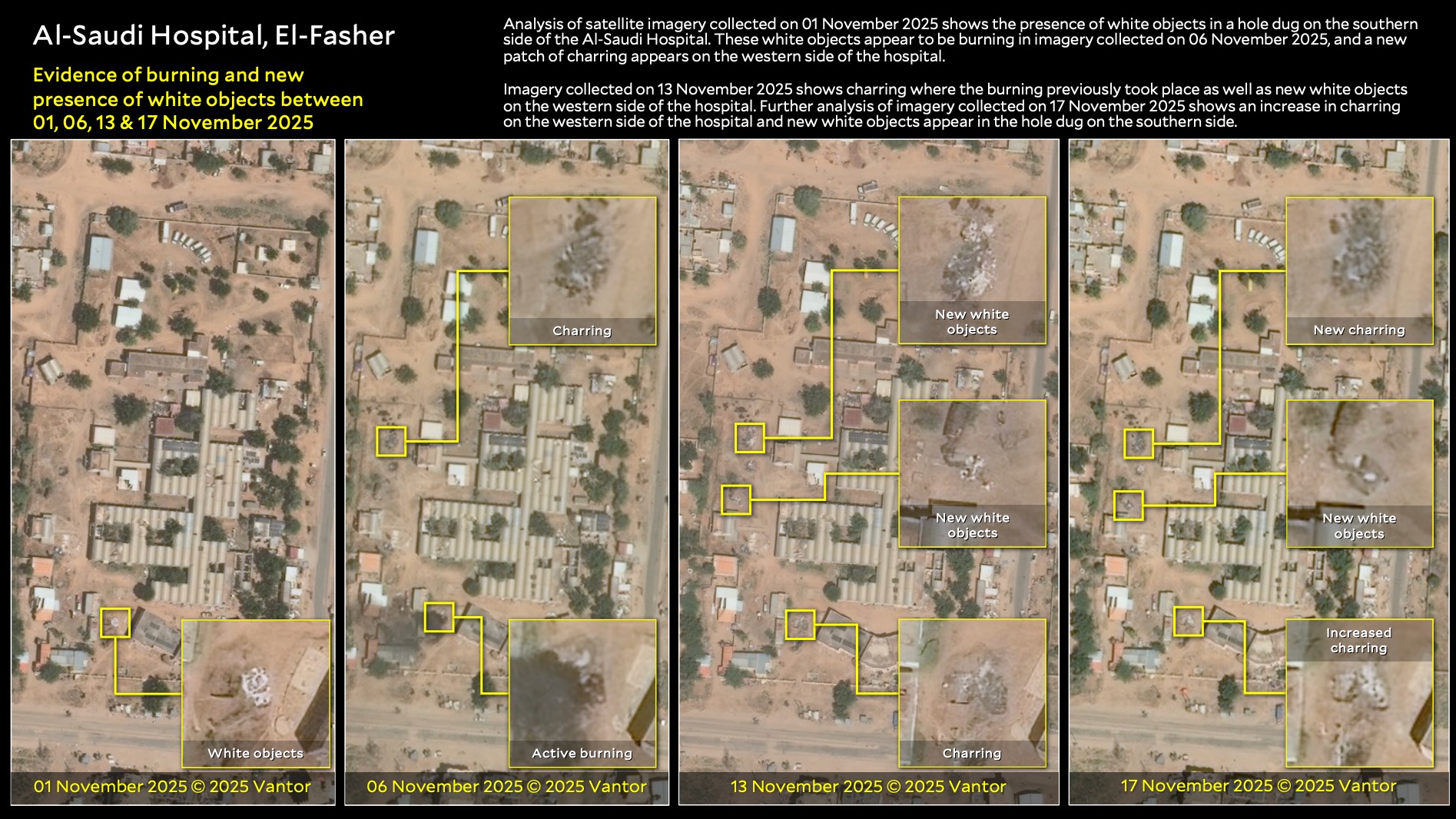 Evidence of burning and new presence of white objects collected by satellite imagery in early November.