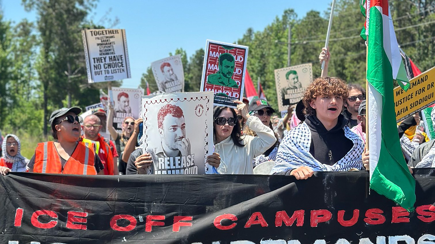 Hundreds march outside ICE facility where Mahmoud Khalil remains in custody