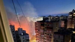 flames and smoke rise after Israeli strikes on Beirut